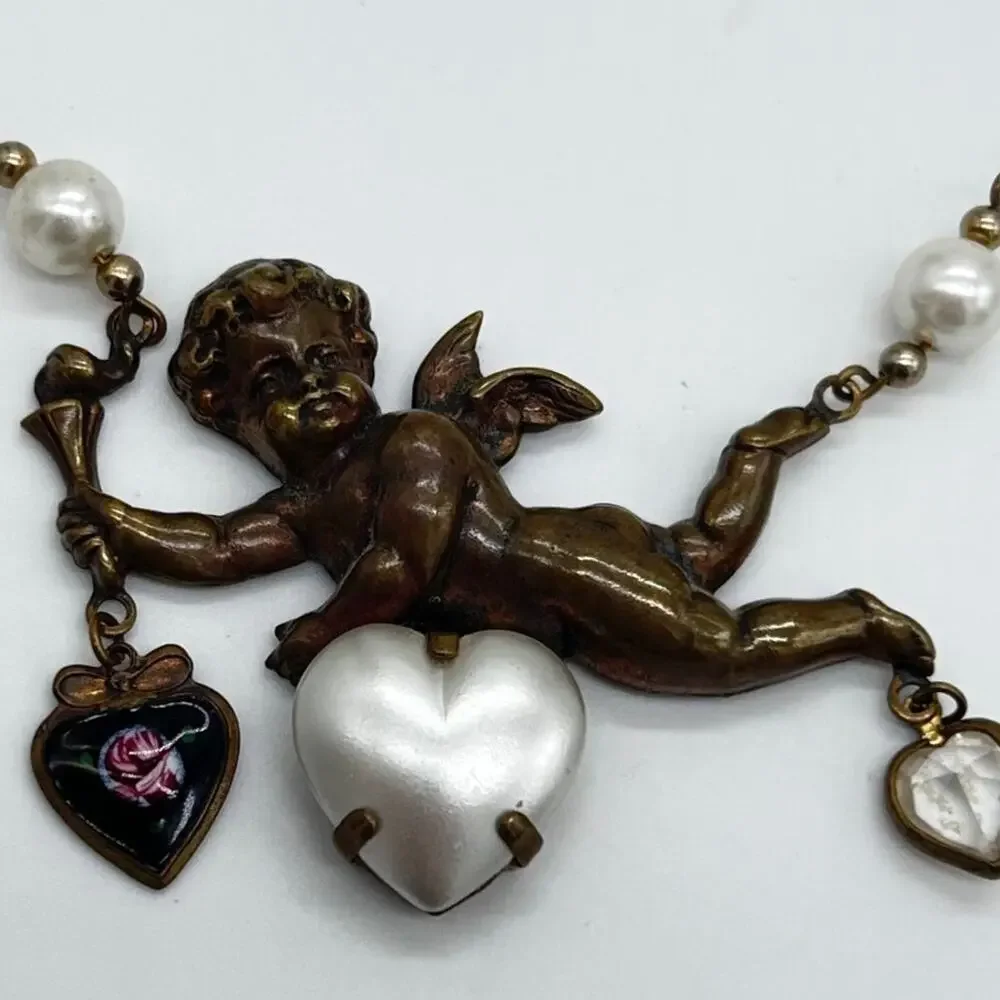 Vintage Piddly Links Cupid Angel Cherub Hearts Necklace Large Statement Boho